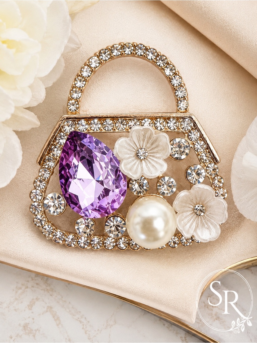 Handbag Purse Brooch Purple Gemstone Pearl Floral Rhinestone Statement Pin